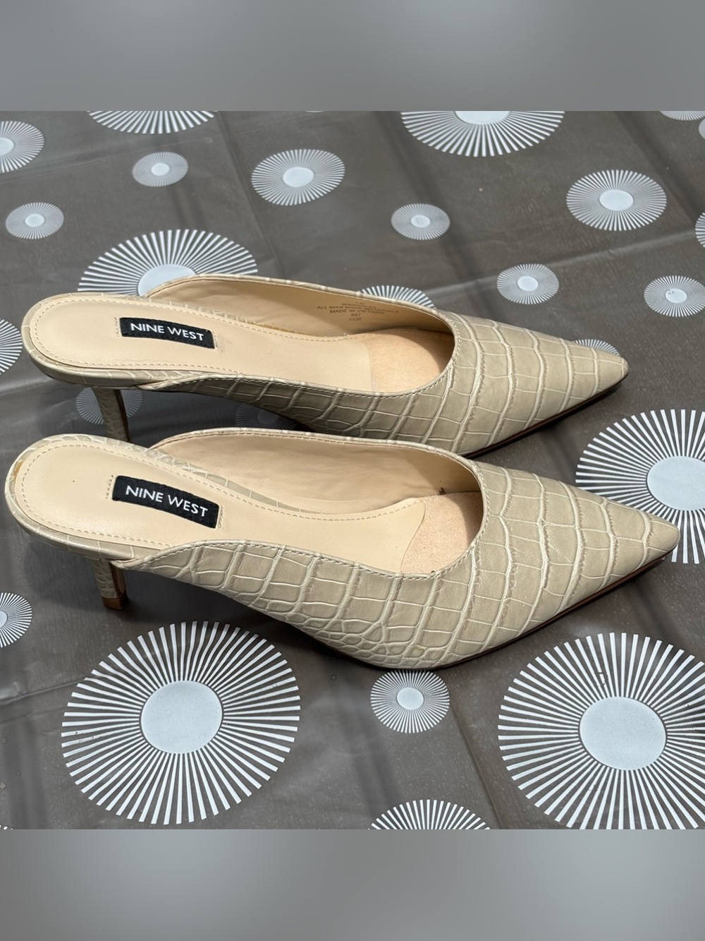 Nine West Taupe Croc-Embossed Angle Pointed Toe Slip-On Heeled Mules - Picture 2 of 16